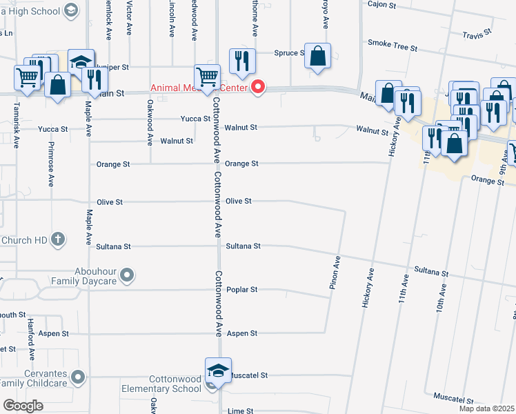 map of restaurants, bars, coffee shops, grocery stores, and more near 15005 Olive Street in Hesperia