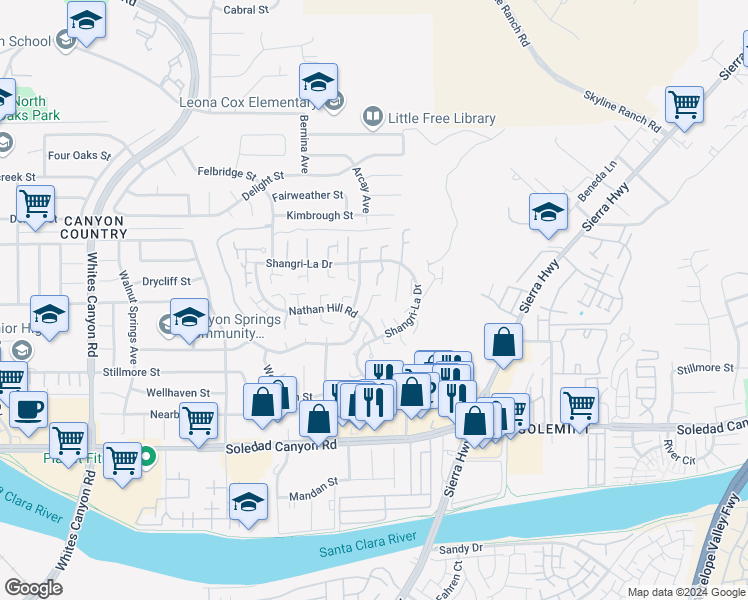 map of restaurants, bars, coffee shops, grocery stores, and more near 18641 West Nathan Hill Drive in Santa Clarita