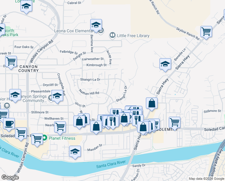 map of restaurants, bars, coffee shops, grocery stores, and more near 18641 West Nathan Hill Drive in Santa Clarita