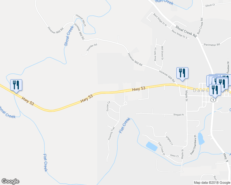 map of restaurants, bars, coffee shops, grocery stores, and more near 753 Highway 53 in Dawsonville