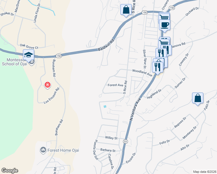 map of restaurants, bars, coffee shops, grocery stores, and more near 1186 Forest Avenue in Ojai
