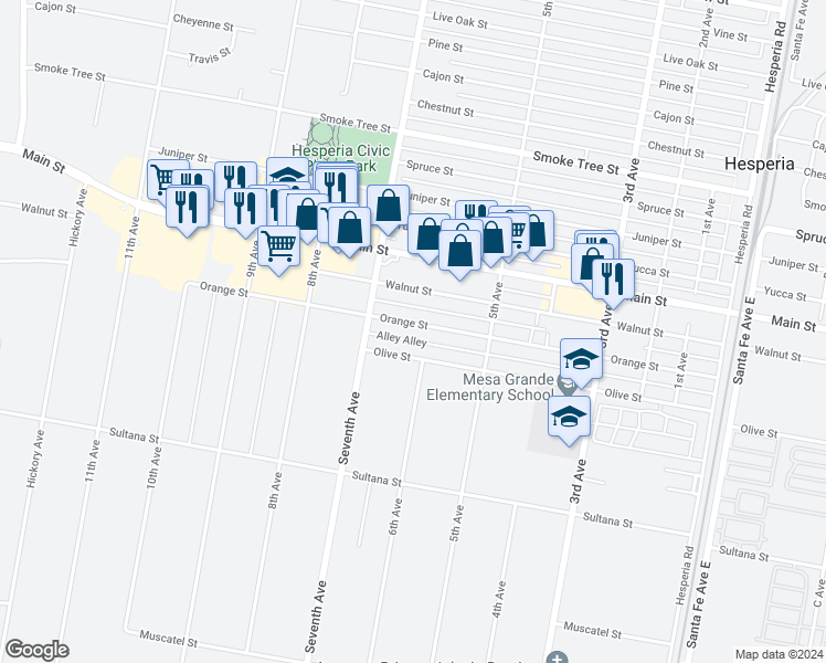 map of restaurants, bars, coffee shops, grocery stores, and more near 15969 Orange Street in Hesperia