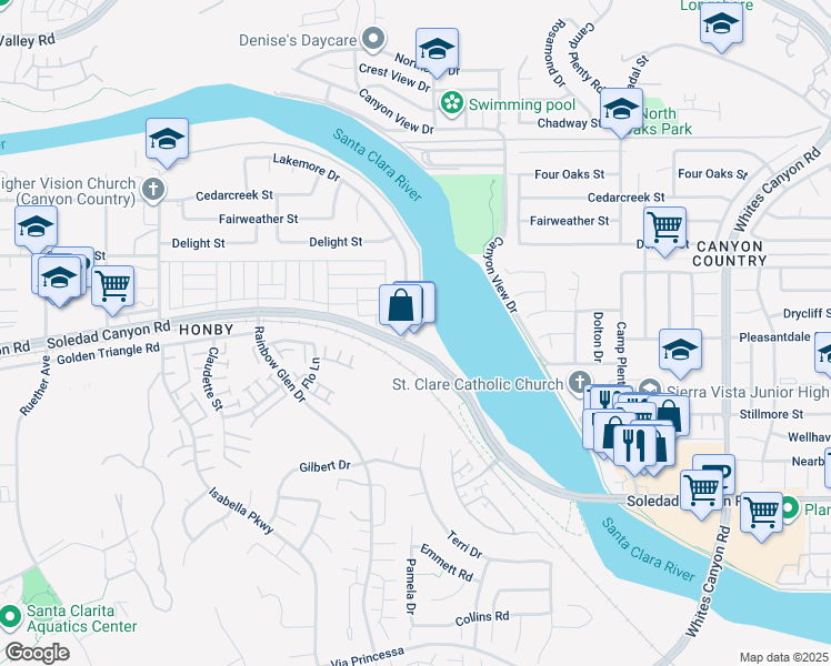 map of restaurants, bars, coffee shops, grocery stores, and more near 19787-19839 Soledad Canyon Road in Santa Clarita