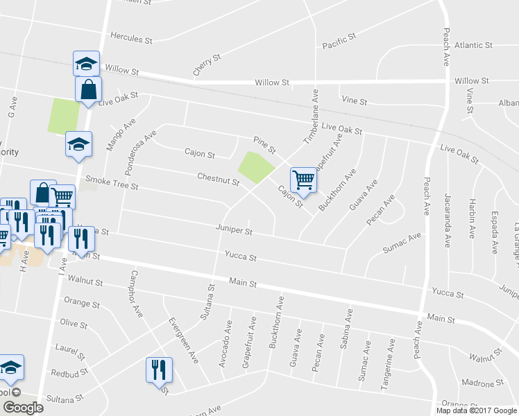 map of restaurants, bars, coffee shops, grocery stores, and more near 17979 Chestnut Street in Hesperia
