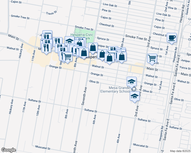 map of restaurants, bars, coffee shops, grocery stores, and more near 15918 Olive Street in Hesperia