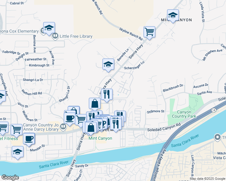 map of restaurants, bars, coffee shops, grocery stores, and more near 18145 Sundowner Way in Santa Clarita