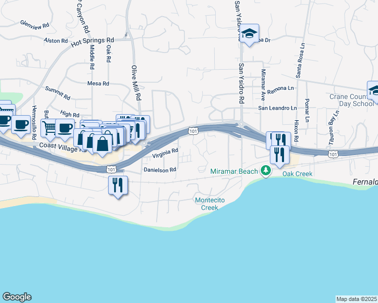 map of restaurants, bars, coffee shops, grocery stores, and more near 1365 Danielson Road in Montecito