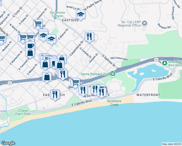 map of restaurants, bars, coffee shops, grocery stores, and more near 1115 Punta Gorda Street in Santa Barbara