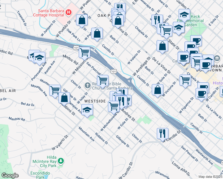 map of restaurants, bars, coffee shops, grocery stores, and more near 626 Mulberry Avenue in Santa Barbara