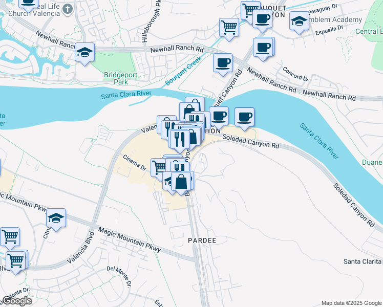 map of restaurants, bars, coffee shops, grocery stores, and more near 26230 Bouquet Canyon Road in Santa Clarita