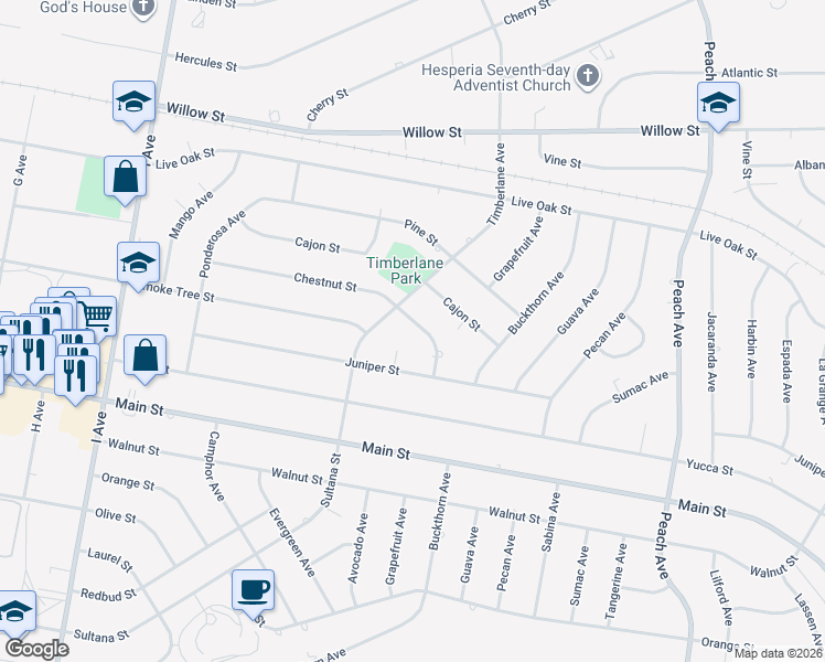 map of restaurants, bars, coffee shops, grocery stores, and more near 17979 Chestnut Street in Hesperia