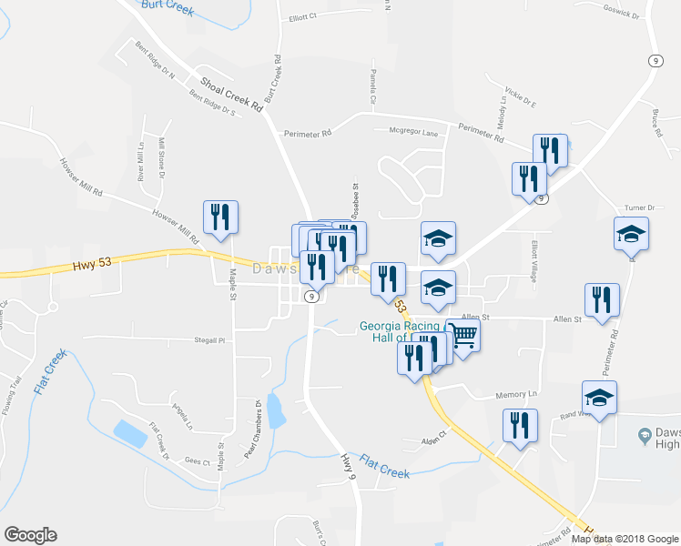 map of restaurants, bars, coffee shops, grocery stores, and more near 74 Georgia 9 in Dawsonville
