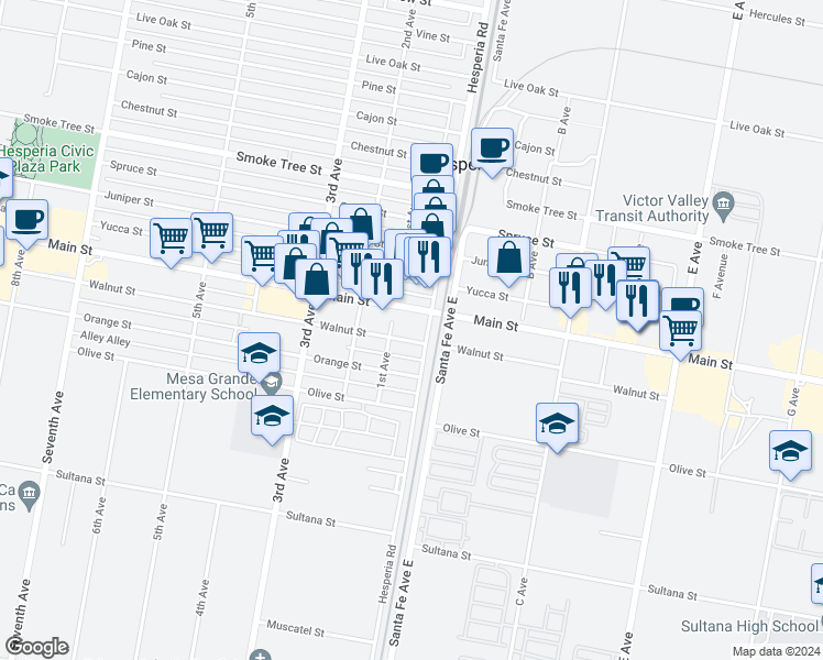 map of restaurants, bars, coffee shops, grocery stores, and more near 16490 Walnut Street in Hesperia