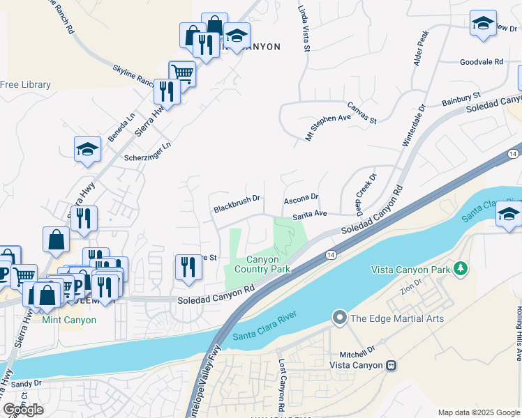 map of restaurants, bars, coffee shops, grocery stores, and more near 17705 Silverstream Drive in Santa Clarita