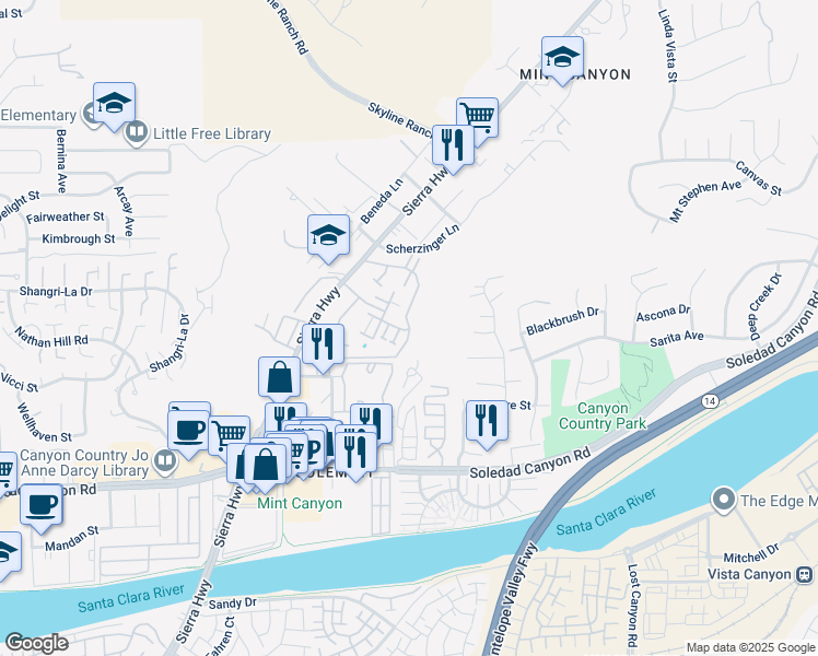 map of restaurants, bars, coffee shops, grocery stores, and more near 27279 Sarabande Lane in Santa Clarita