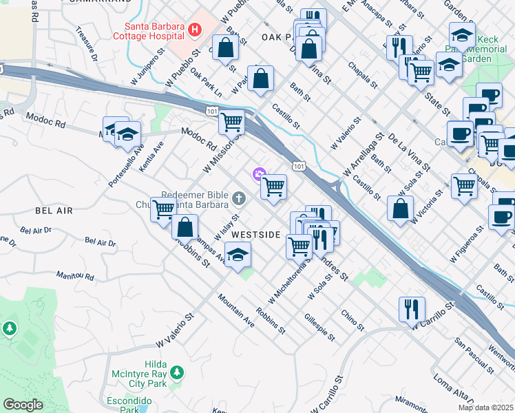 map of restaurants, bars, coffee shops, grocery stores, and more near 716 West Valerio Street in Santa Barbara