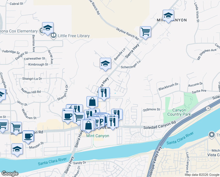 map of restaurants, bars, coffee shops, grocery stores, and more near 18169 Sundowner Way in Santa Clarita