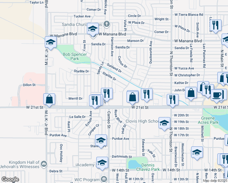 map of restaurants, bars, coffee shops, grocery stores, and more near 1400 West 21st Street in Clovis