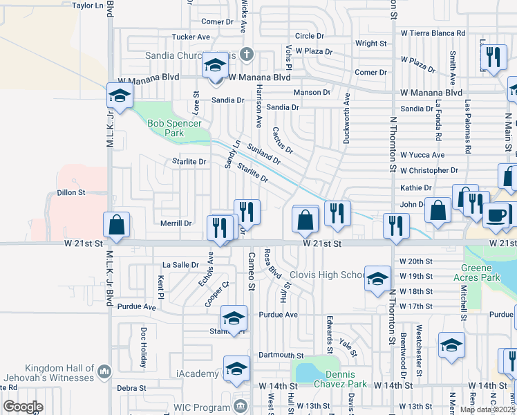 map of restaurants, bars, coffee shops, grocery stores, and more near 1400 West 21st Street in Clovis