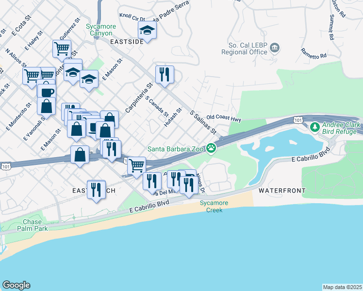 map of restaurants, bars, coffee shops, grocery stores, and more near 1200 Punta Gorda Street in Santa Barbara