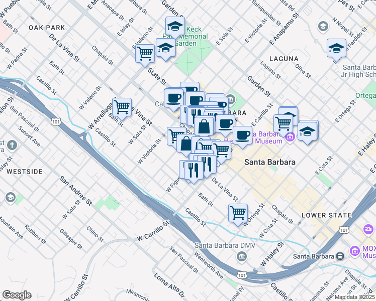 map of restaurants, bars, coffee shops, grocery stores, and more near 1109 De La Vina Street in Santa Barbara