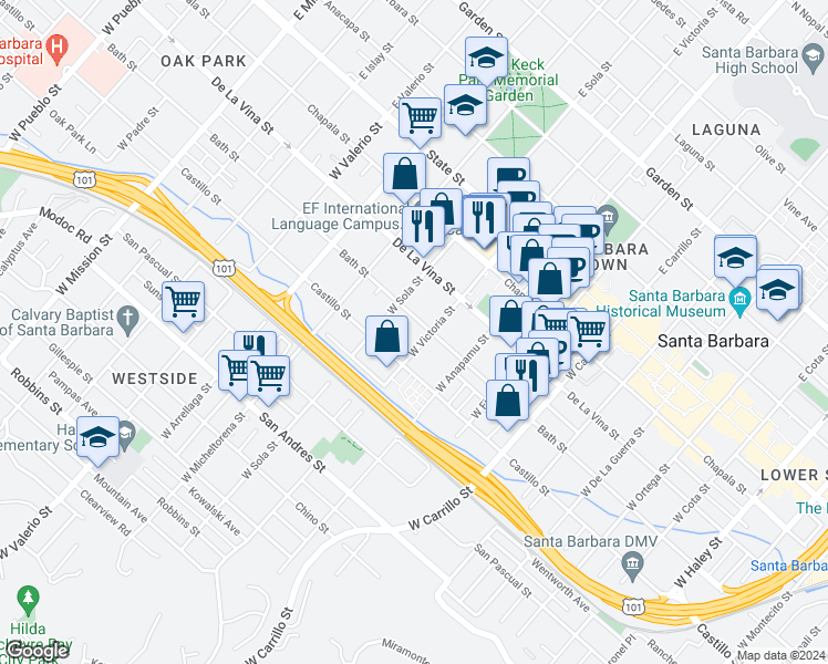 map of restaurants, bars, coffee shops, grocery stores, and more near 1313 A Castillo Street in Santa Barbara