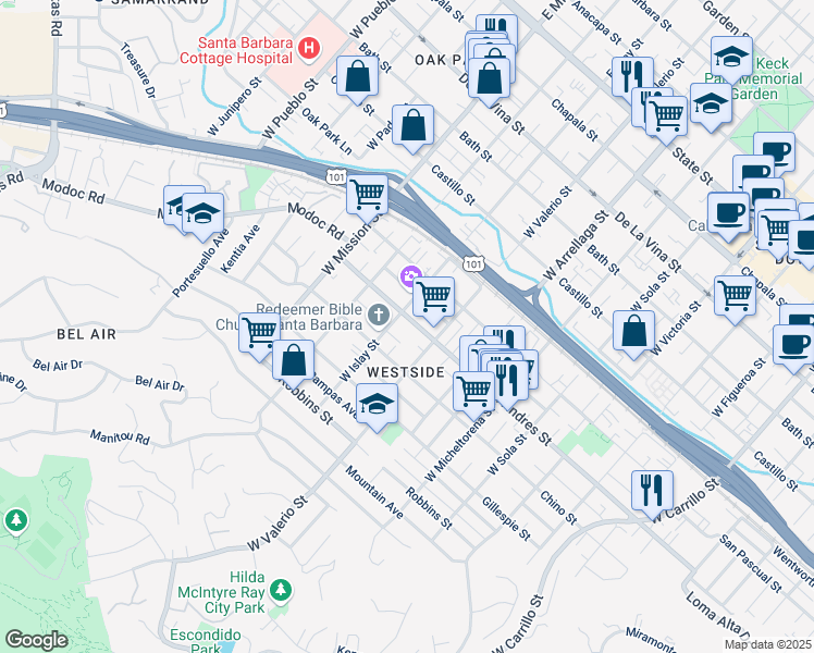 map of restaurants, bars, coffee shops, grocery stores, and more near 716 West Valerio Street in Santa Barbara
