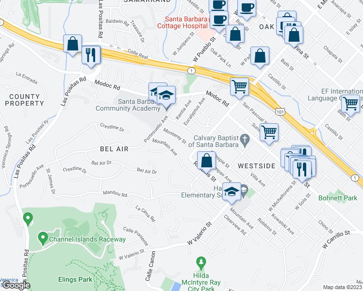 map of restaurants, bars, coffee shops, grocery stores, and more near 2033 Mountain Avenue in Santa Barbara