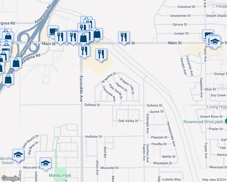 map of restaurants, bars, coffee shops, grocery stores, and more near 9408 Palo Verde Drive in Hesperia