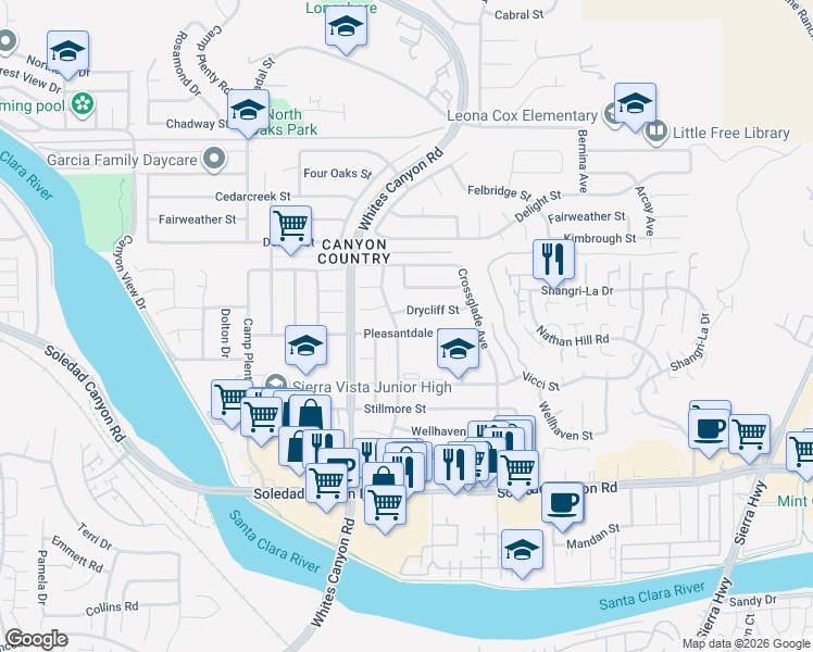 map of restaurants, bars, coffee shops, grocery stores, and more near 27445 Walnut Springs Avenue in Santa Clarita