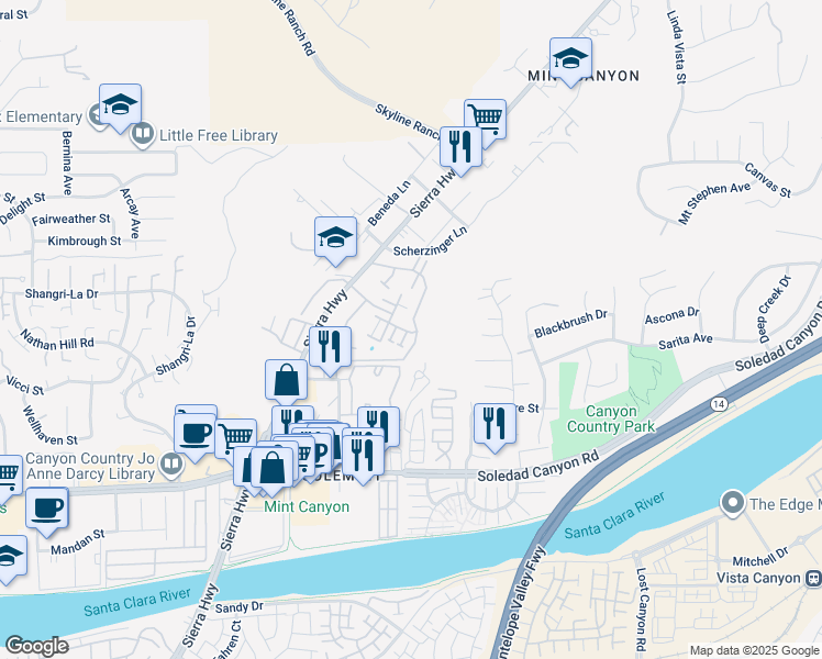 map of restaurants, bars, coffee shops, grocery stores, and more near 27279 Sarabande Lane in Santa Clarita