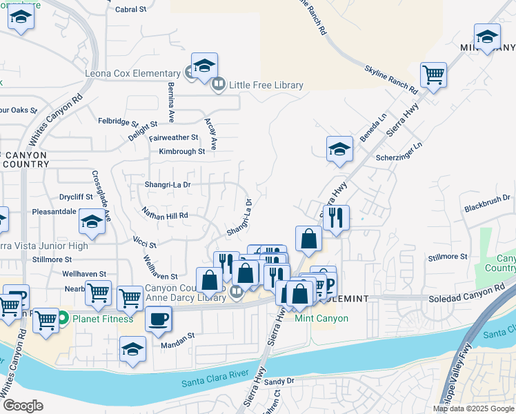 map of restaurants, bars, coffee shops, grocery stores, and more near 18554 Olympian Court in Santa Clarita