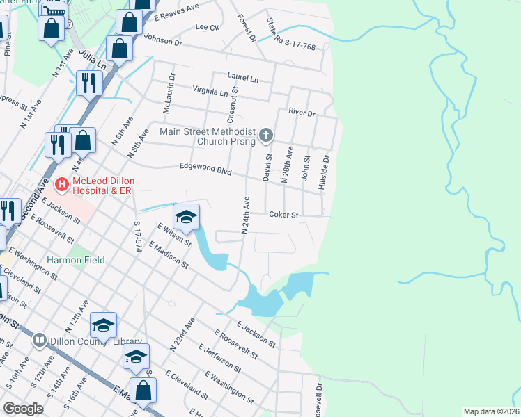 map of restaurants, bars, coffee shops, grocery stores, and more near 1000 Coker Street in Dillon