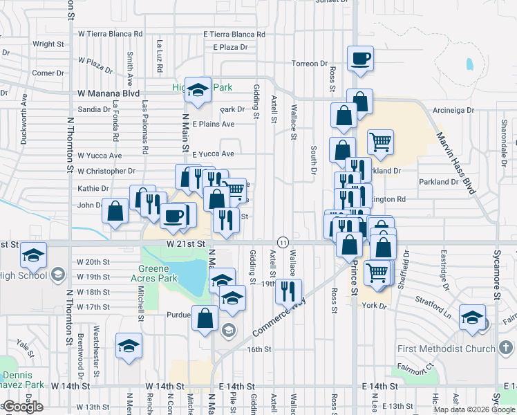 map of restaurants, bars, coffee shops, grocery stores, and more near 2120 Gidding Street in Clovis
