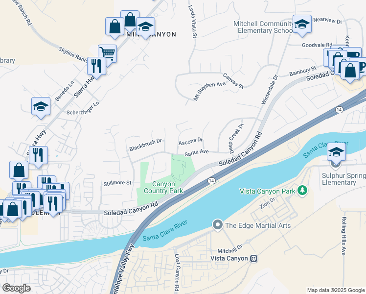 map of restaurants, bars, coffee shops, grocery stores, and more near 17450 Ascona Drive in Santa Clarita