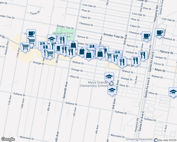 map of restaurants, bars, coffee shops, grocery stores, and more near Orange Street in Hesperia