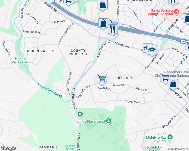 map of restaurants, bars, coffee shops, grocery stores, and more near 1369 Crestline Drive in Santa Barbara