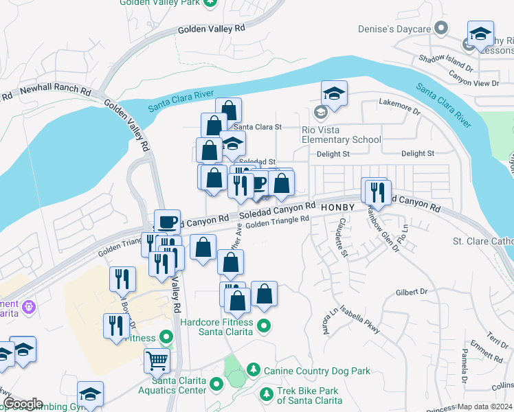 map of restaurants, bars, coffee shops, grocery stores, and more near 20655 Soledad Canyon Road in Santa Clarita