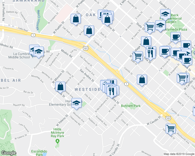 map of restaurants, bars, coffee shops, grocery stores, and more near West Valerio Street & Sunset Avenue in Santa Barbara