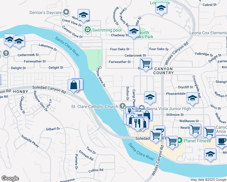 map of restaurants, bars, coffee shops, grocery stores, and more near 19629 Pleasantdale Street in Santa Clarita