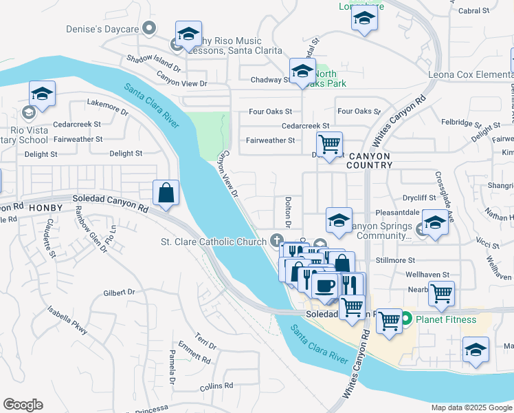 map of restaurants, bars, coffee shops, grocery stores, and more near 19629 Pleasantdale Street in Santa Clarita