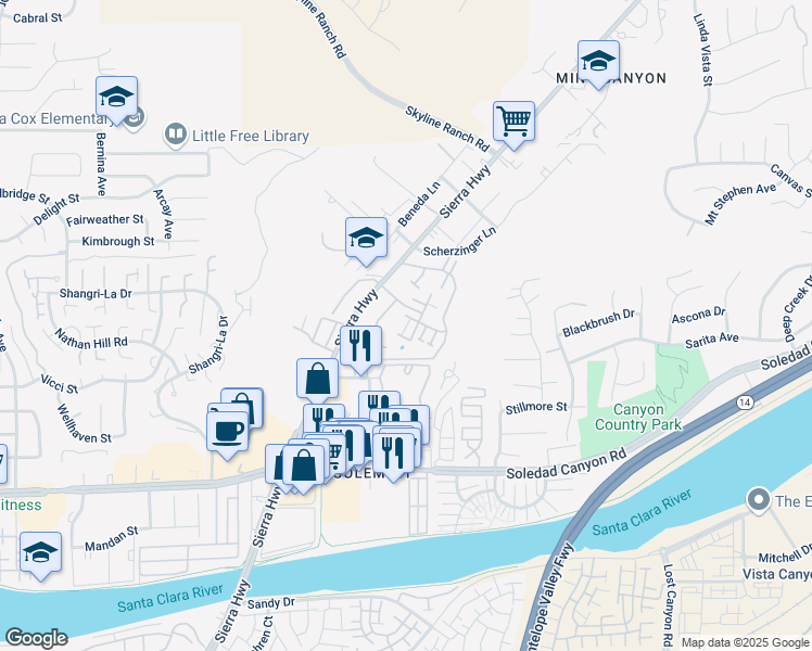 map of restaurants, bars, coffee shops, grocery stores, and more near in Santa Clarita
