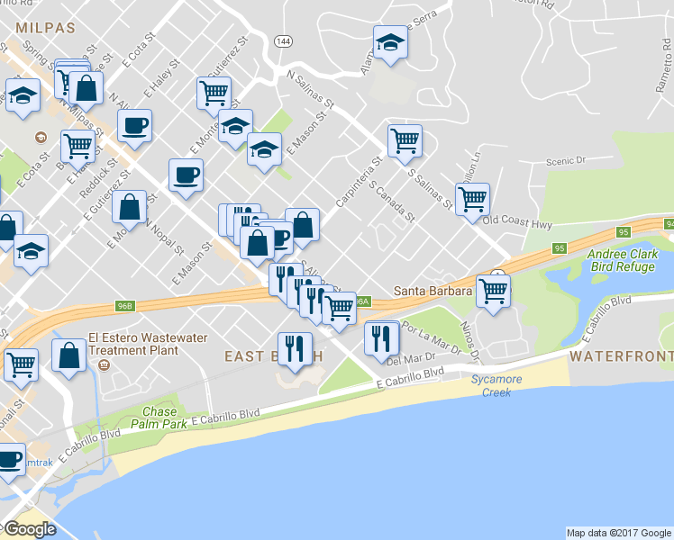 map of restaurants, bars, coffee shops, grocery stores, and more near 217 Юг-Алисос-стрит in Santa Barbara