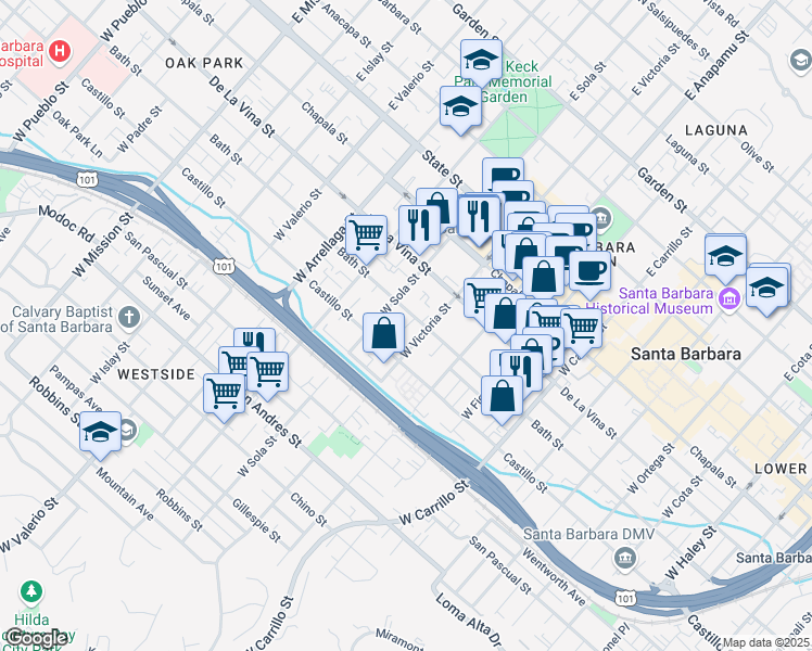 map of restaurants, bars, coffee shops, grocery stores, and more near in Santa Barbara