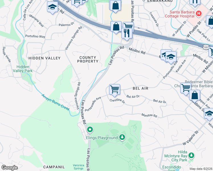 map of restaurants, bars, coffee shops, grocery stores, and more near 1369 Crestline Drive in Santa Barbara