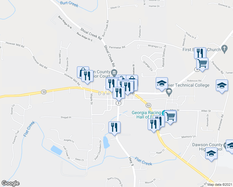 map of restaurants, bars, coffee shops, grocery stores, and more near in Dawsonville