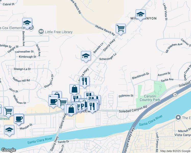 map of restaurants, bars, coffee shops, grocery stores, and more near 27907 Tyler Lane in Santa Clarita