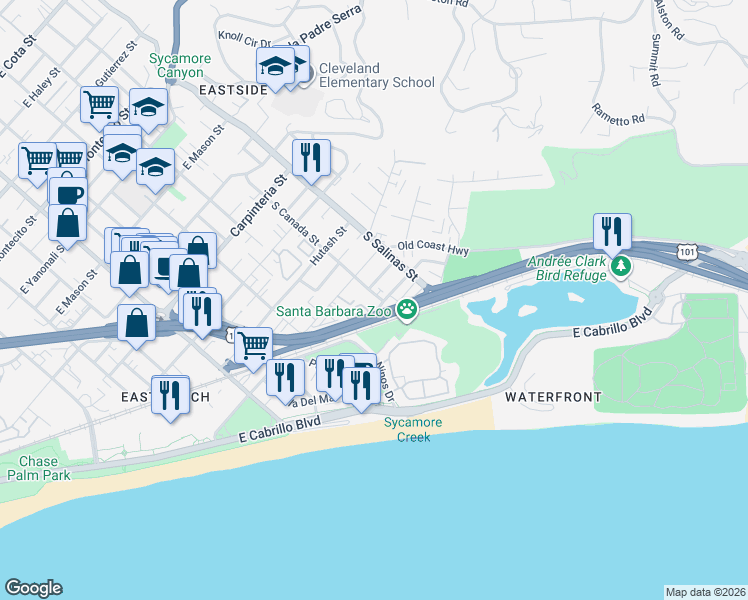 map of restaurants, bars, coffee shops, grocery stores, and more near El Camino Real in Santa Barbara