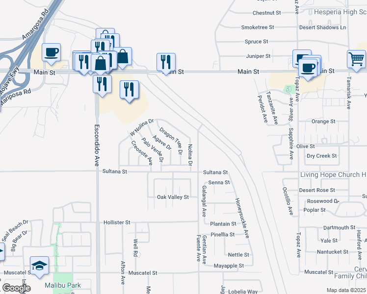 map of restaurants, bars, coffee shops, grocery stores, and more near 9373 Dragon Tree Drive in Hesperia