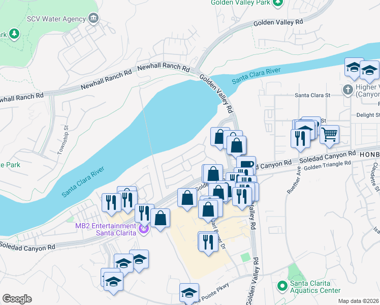 map of restaurants, bars, coffee shops, grocery stores, and more near 21214 Seep Willow Way in Santa Clarita